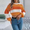 Women's Fashion Casual Loose Colorblock Striped Round Neck Sweater Long Sleeve Pullover Top