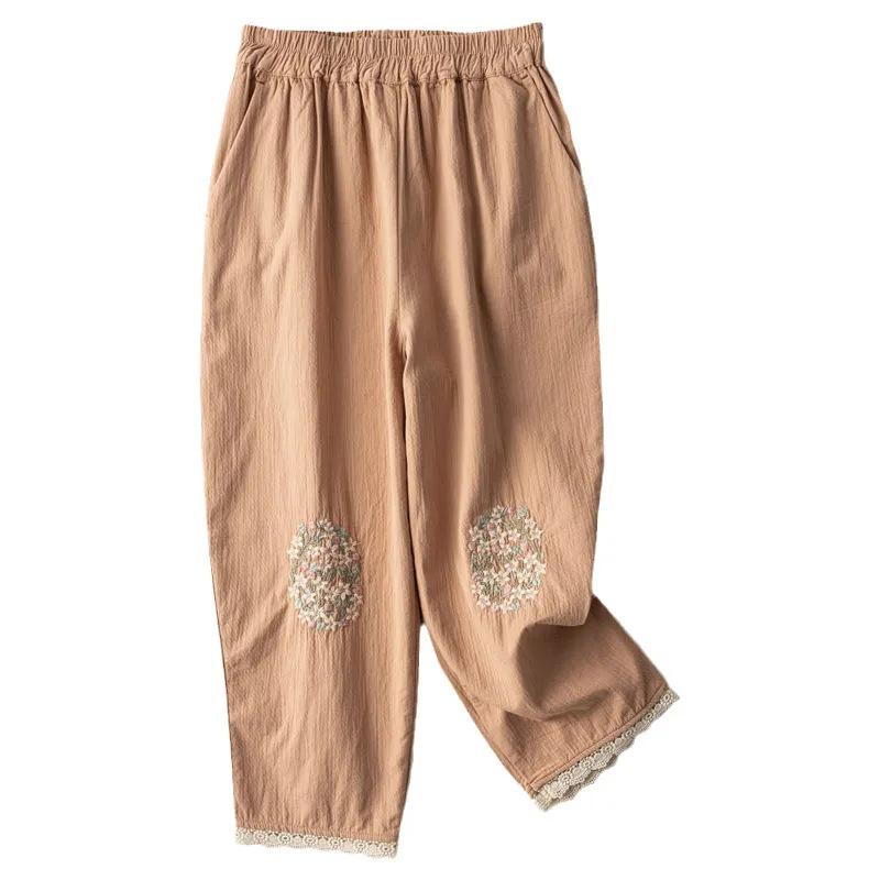 Ethnic Style Retro Embroidery Women's Haren Pants Summer Thin Linen Loose Casual Cropped Pants