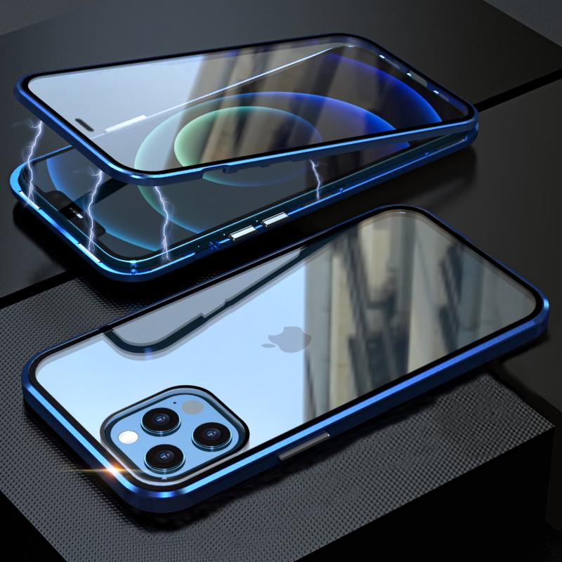 IPhone 15 14 13 12 11 Pro max X XR Xs max 7 8 plus mini uchun shaffof shisha metall magnit g'ilof