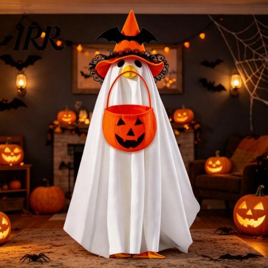 Felt Halloween Goose Statue Ghost Costume, Wizard Hat, Cape, Pumpkin Candy Soft Fabric Decor Bag, Outdoor Yard Decoration for or Garden Display