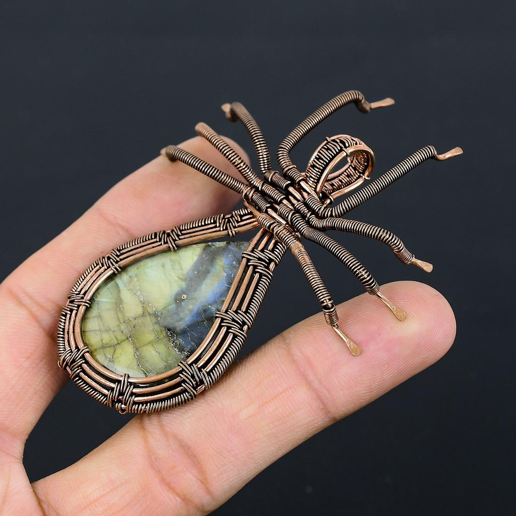 Подвеска-паук из медной проволоки ручной работы из натурального лабрадорита, 2,56 дюйма, A7Z94