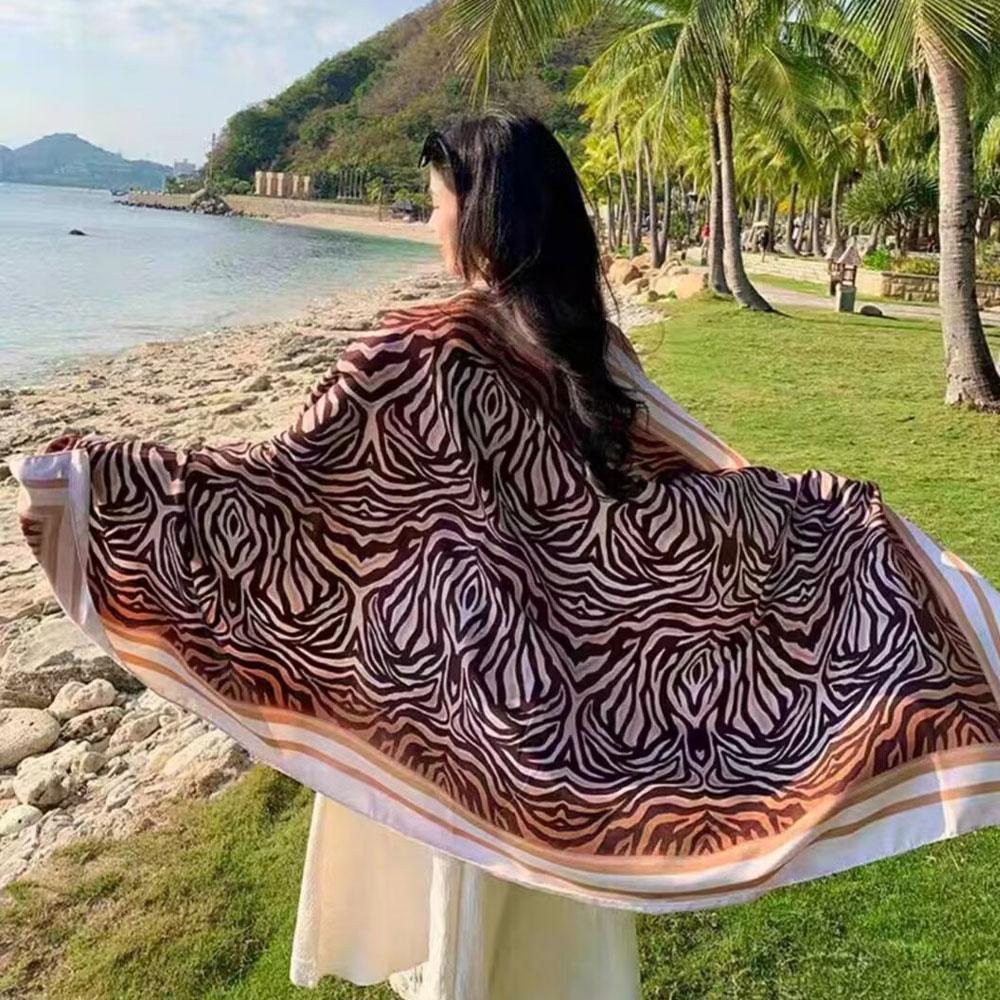180Cm Leopard Print Flower Ethnic Style Scarf For Women'S Summer Sun Protection Silk Scarf, Paired With A Shawl Cape Beach Scarf