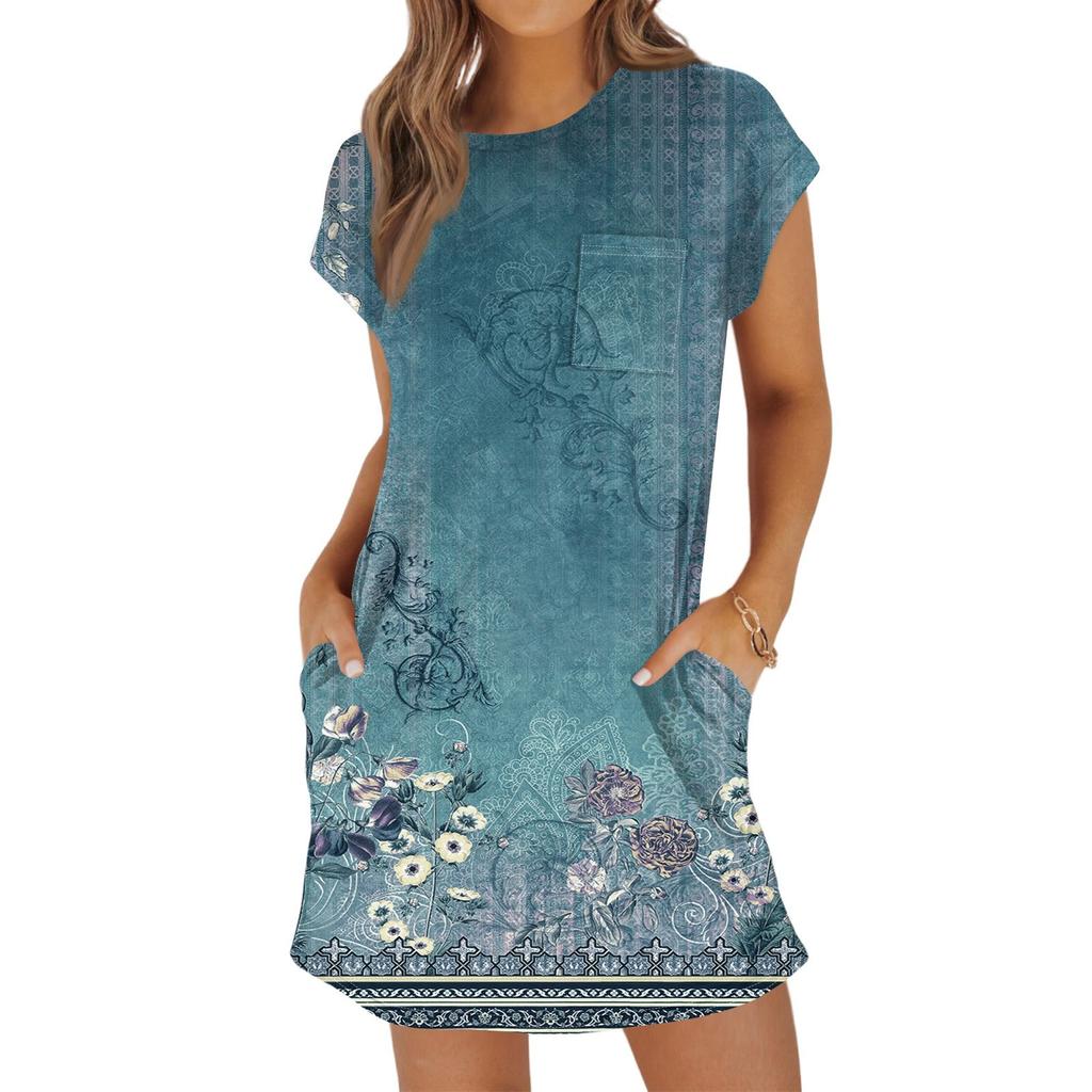 Женская мода повседневная летняя винтажная цветочная печать короткий рукав круглый вырез свободное платье с карманами
