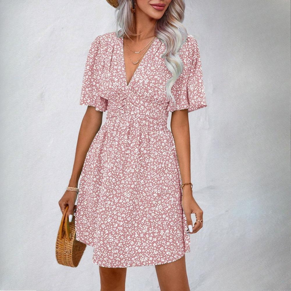 GMXIA Женские летние платья с V-образным вырезом, рукавами средней длины, цветочным принтом и высокой талией, плиссированные платья