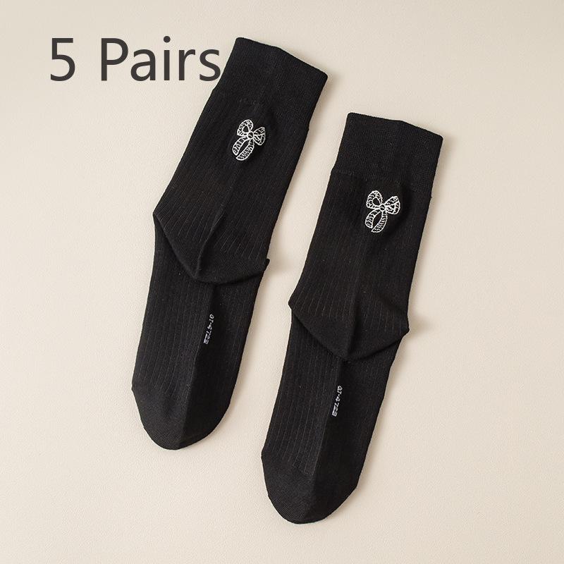 5 пар носков осенние женские хлопковые до середины голени балетные кремовые каблук вышитый бант анти-пиллинг серые многослойные носки