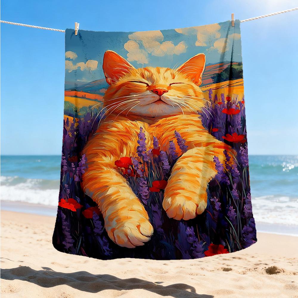 1pc Lavender Field Cat Print Outdoor Soft Polyester Flannel Throw Blanket Versatile for All Seasons , Soft , Cozy , Warm All Season Quilted Throw ,