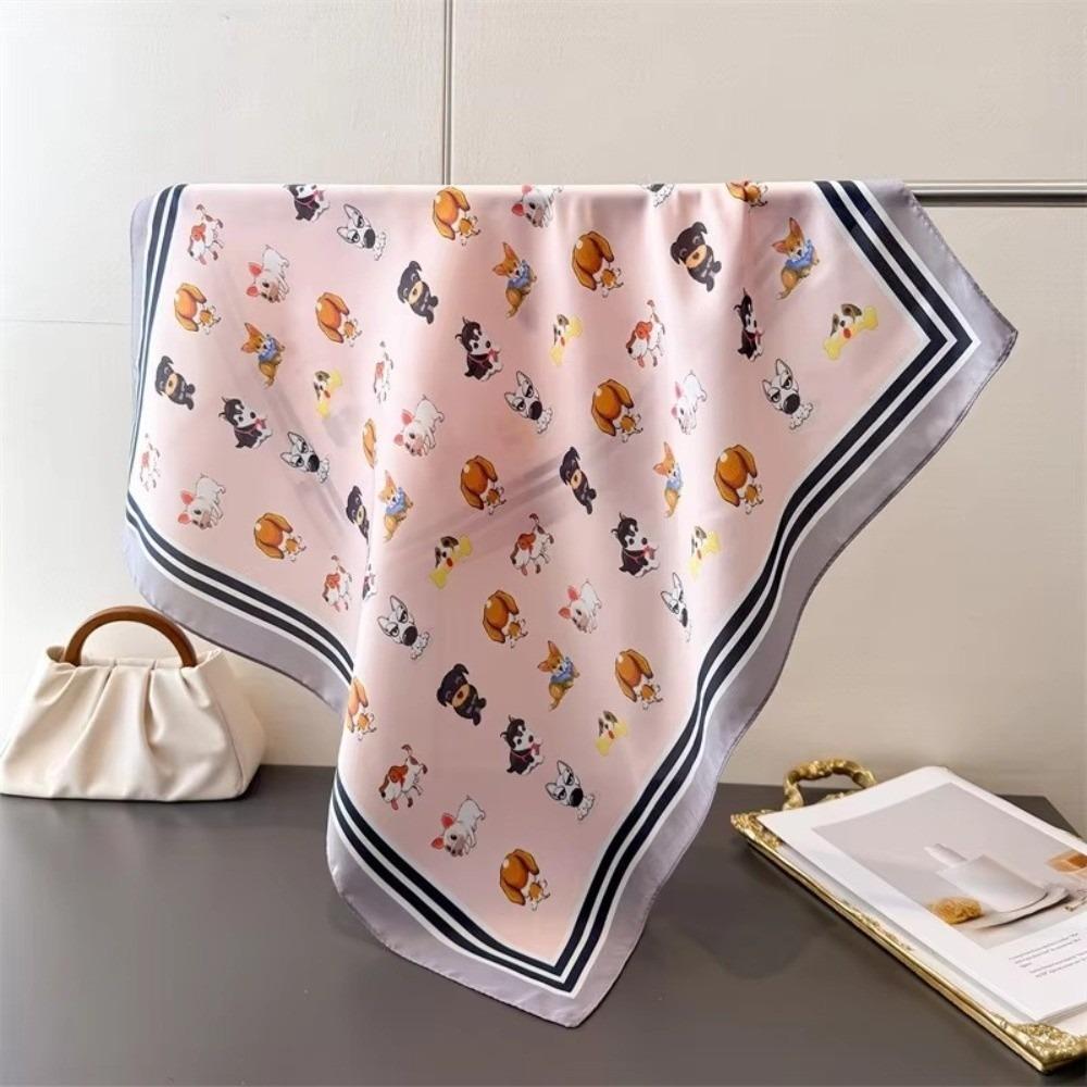 Cartoon Dog Print Women Square Scarf 70x70cm Silk Scarf Cute Shawl Fashion Accessory