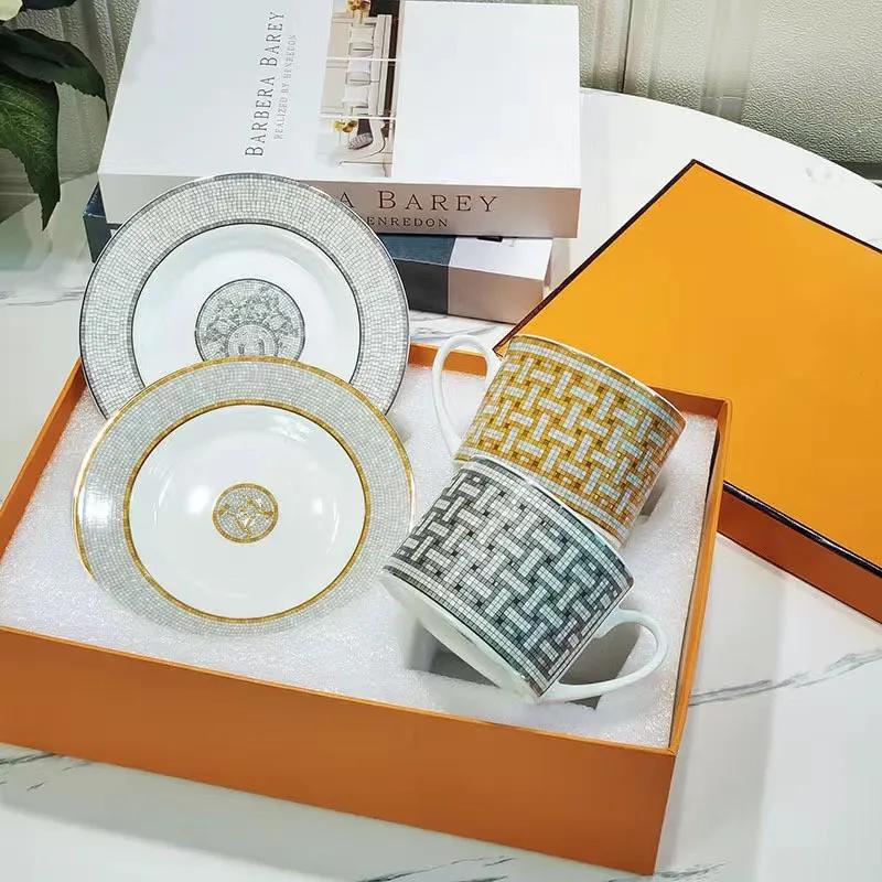 New European Bone China Coffee Cups And Saucers Tableware Coffee Milk Mug Plates Dishes Afternoon Tea Drinkware With Gift Box
