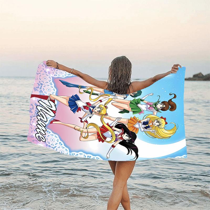 1pc Sailor Moon 2 Beach Towel with Custom Name, Beach/Swimming/Bath/Picnic/Camping Towel, Suitable for Seaside Beaches