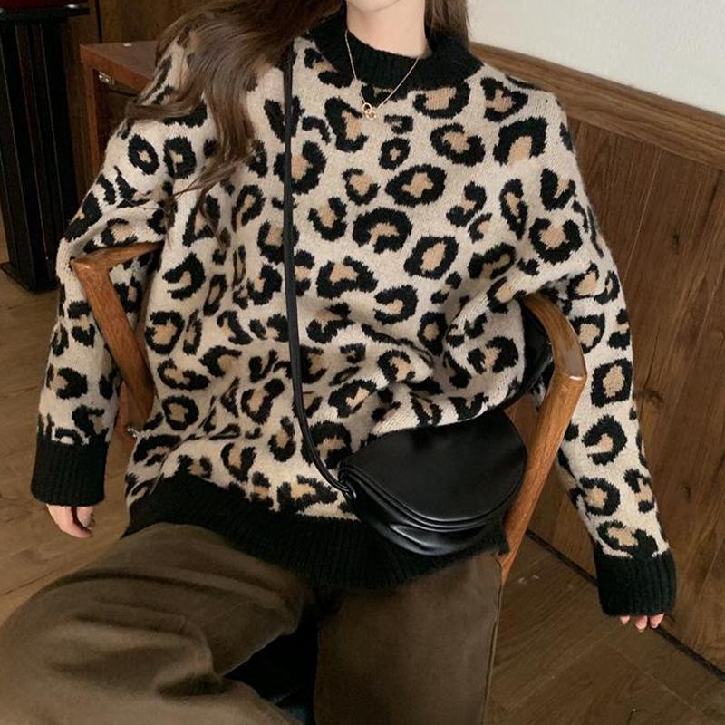 Свитер с леопардовым принтом, женский свободный толстый вязаный повседневный пуловер