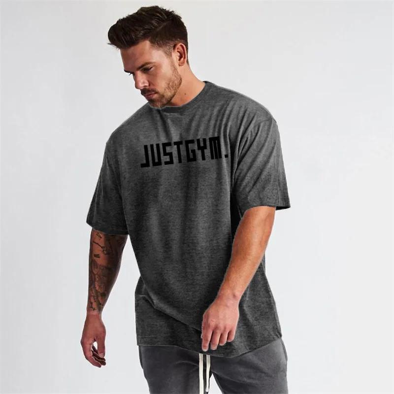 Muscleguys Мужские футболки для бега Хлопковая футболка с круглым вырезом оверсайз Летняя спортивная одежда для фитнеса с коротким рукавом для тренировок в зале