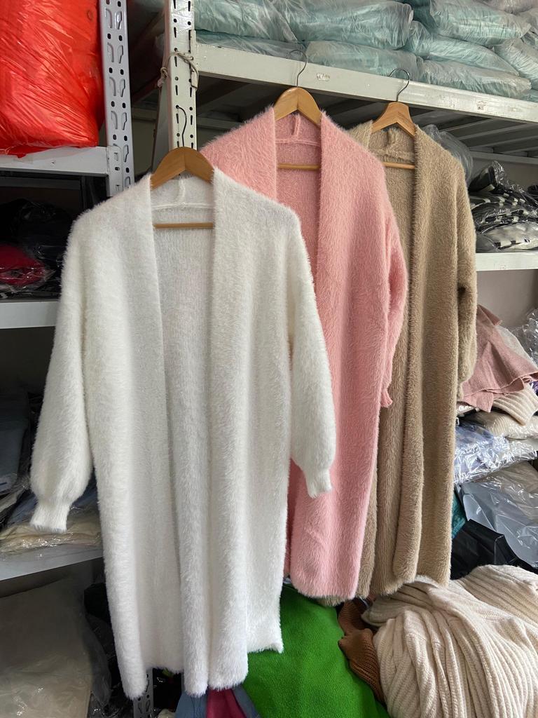 Очень длинный белый кардиган из искусственного норкового кашемира выше колена для женщин - Свободный, толстый свитер на осень/зиму