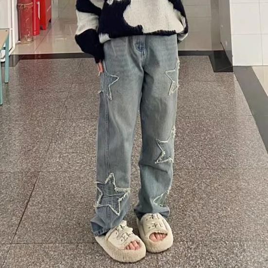 Стильные джинсы с вышивкой звезд, свободные широкие брюки, модные удобные джинсовые брюки