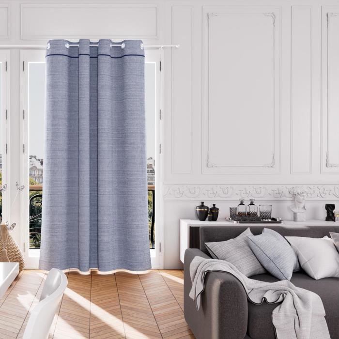 Recycled Cotton Eyelet Curtain 135x250 Cm PIERRE Blue, by Soleil d'Ocre