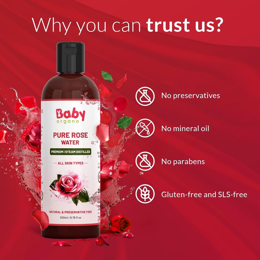 BabyOrgano® Natural Pure Rose Water – 200 мл | Увлажняющий тоник и спрей для лица для всех типов кожи