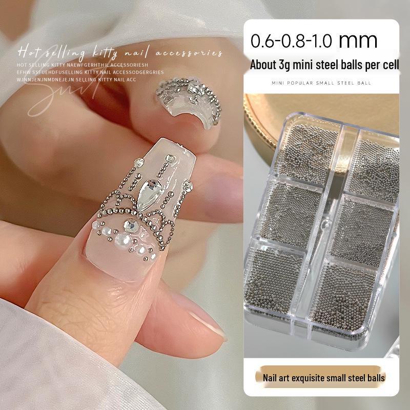 6-Compartment Mini Nail Art Gold & Silver Steel Bead Decor Set