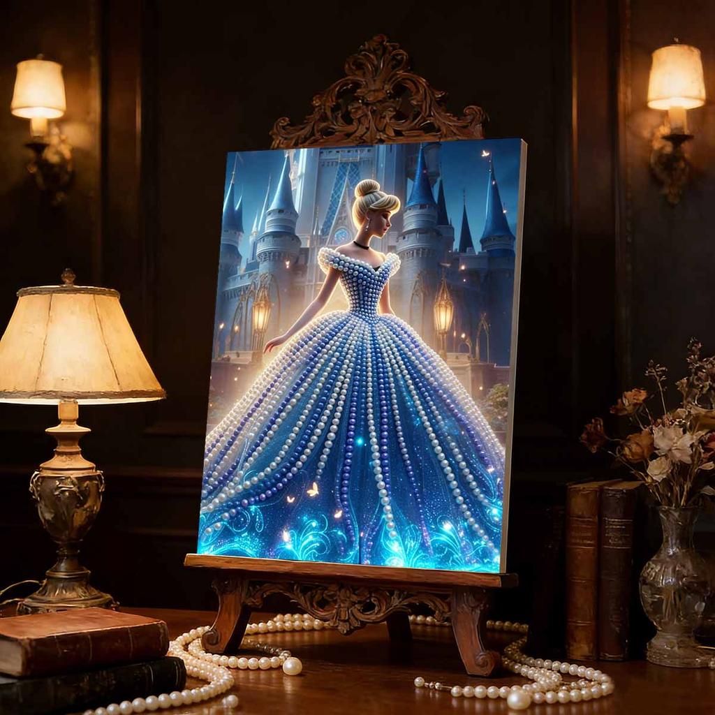 Disney Жемчужная живопись Золушка Синее платье Замок Вид сзади Креативный Изысканный пейзаж Сверкающая картина Ремесло Домашняя настенная декорация DIY Ручная работа Подарок