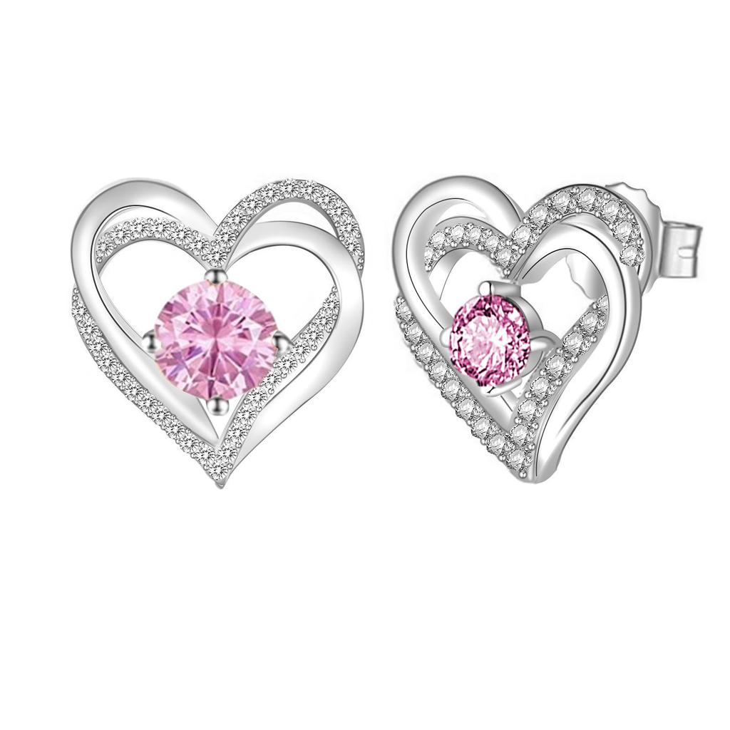 Multicolor Birthstone Ear Studs Heart Stud Earrings Birthday Gift For Women & Girls