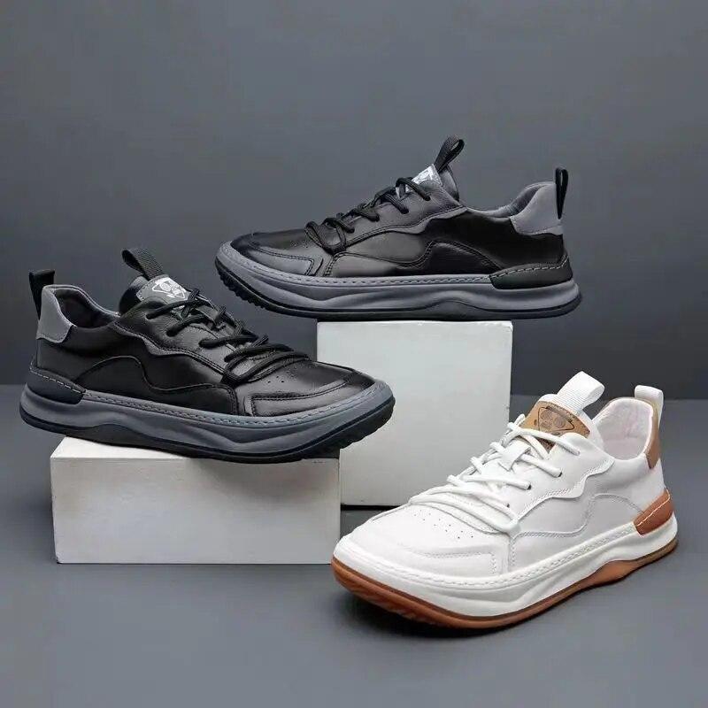 2024 Fashion Sneakers Mens White Shoes Genuine Leather Thick Sole Soft Cow Leather Flat Male Brand Black Footwear