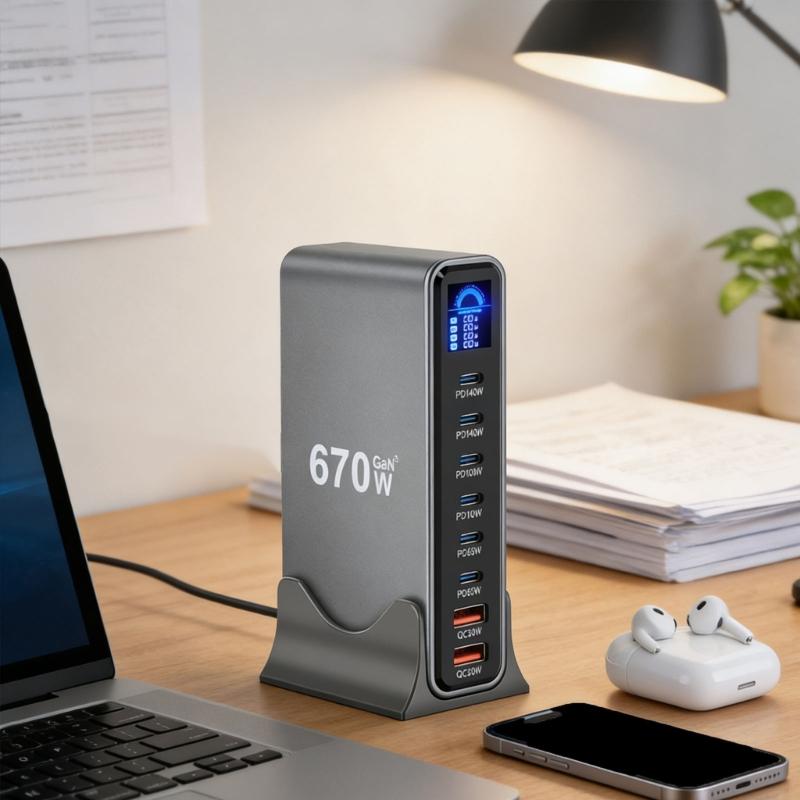 Многопортовая USB-C зарядная станция 140 Вт PD3.1 Быстрая зарядка Хаб с интеллектуальным распределением питания Для офиса Игровой установки
