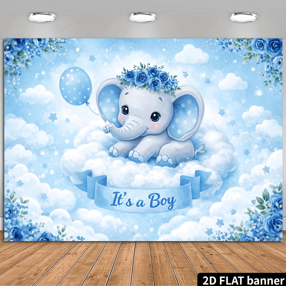 2D Plane Cloud Elephant Theme Background Cloth - Light Blue Dreamy Style Decorated with Balloons Stars and Blue Roses