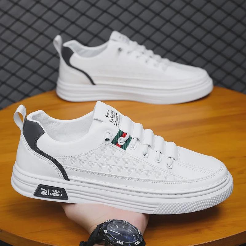 Мужские весенние белые повседневные кроссовки 2024 года — модная, дышащая, мягкая кожаная универсальная спортивная обувь.