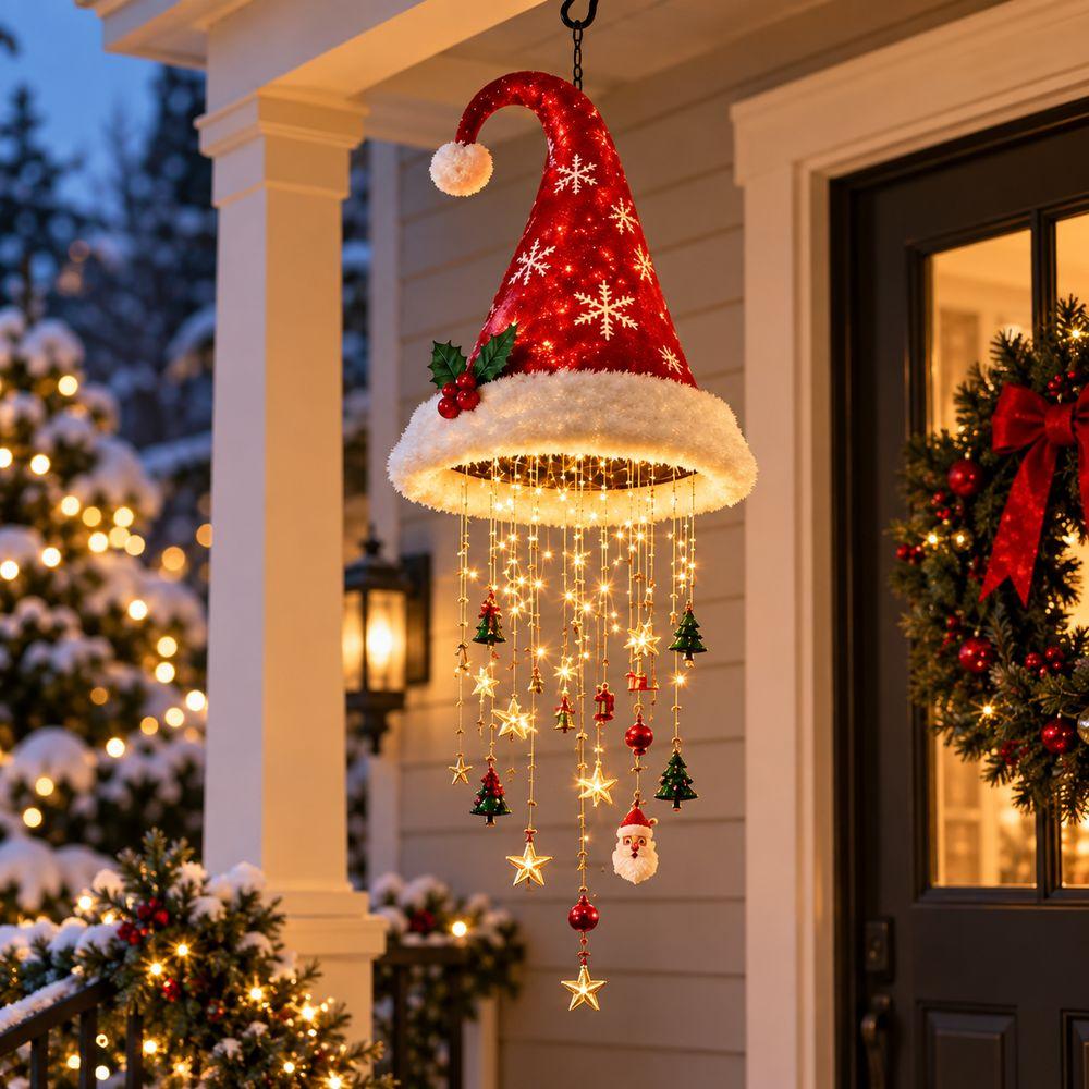 Iron Christmas Lighted Witch Hat Warm White Lights Witch Hat Hanging Chime Home Doorway Decor