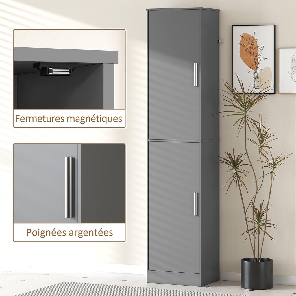 Bathroom column cabinet with 2 doors and 4 adjustable shelves, 40 x 35 x 180 cm, grey
