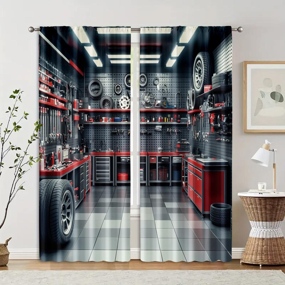 2 шт., Шторы с цифровой печатью, Гаражные инструменты, Мастерская, Универсальные, 100% полиэстер (без стержня) Праздничный Ldeal для гостиной и