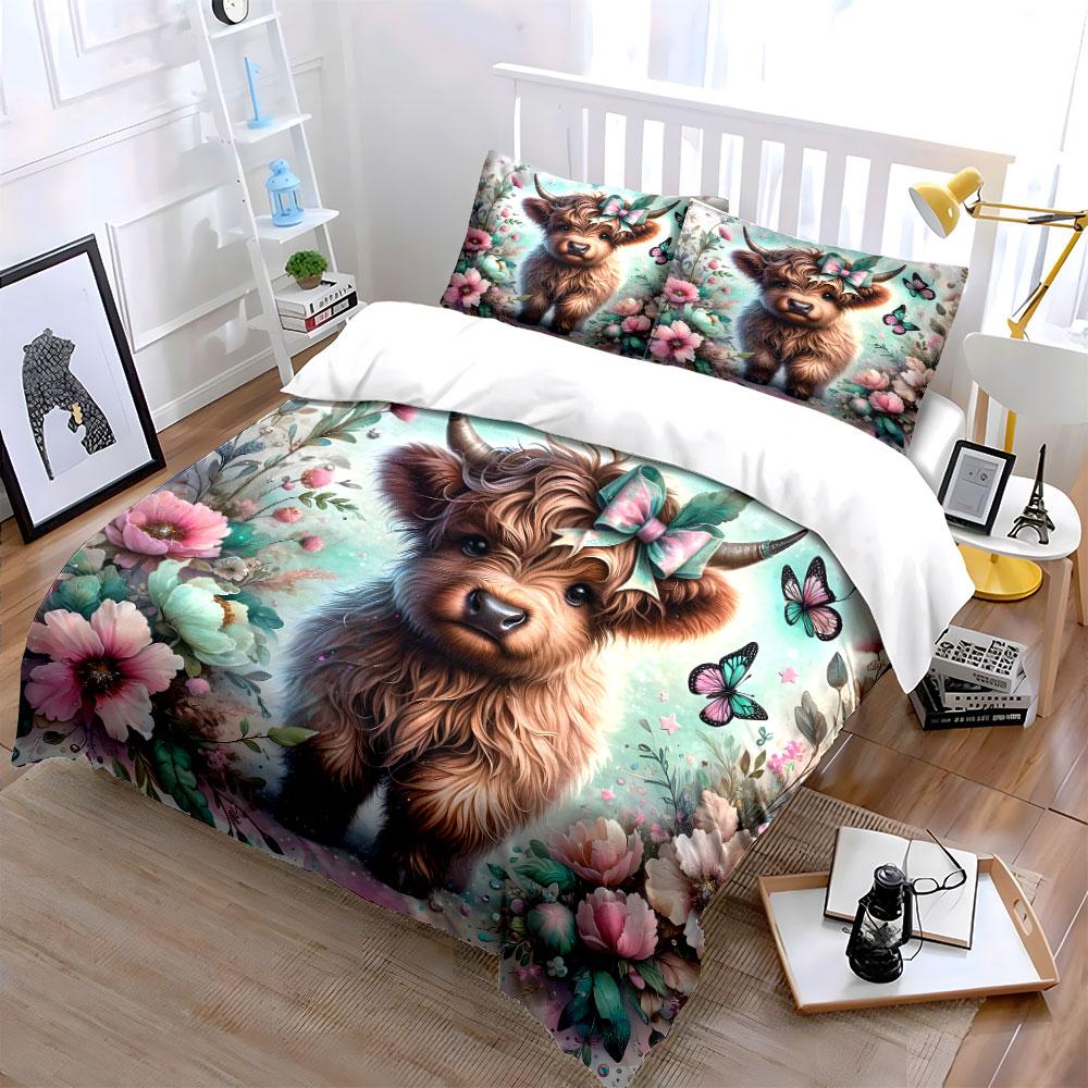 Highland Cow with Butterflies Bedding Duvet Cover Set (1*Duvet Cover 2*Pillowcases, without duvet insert)