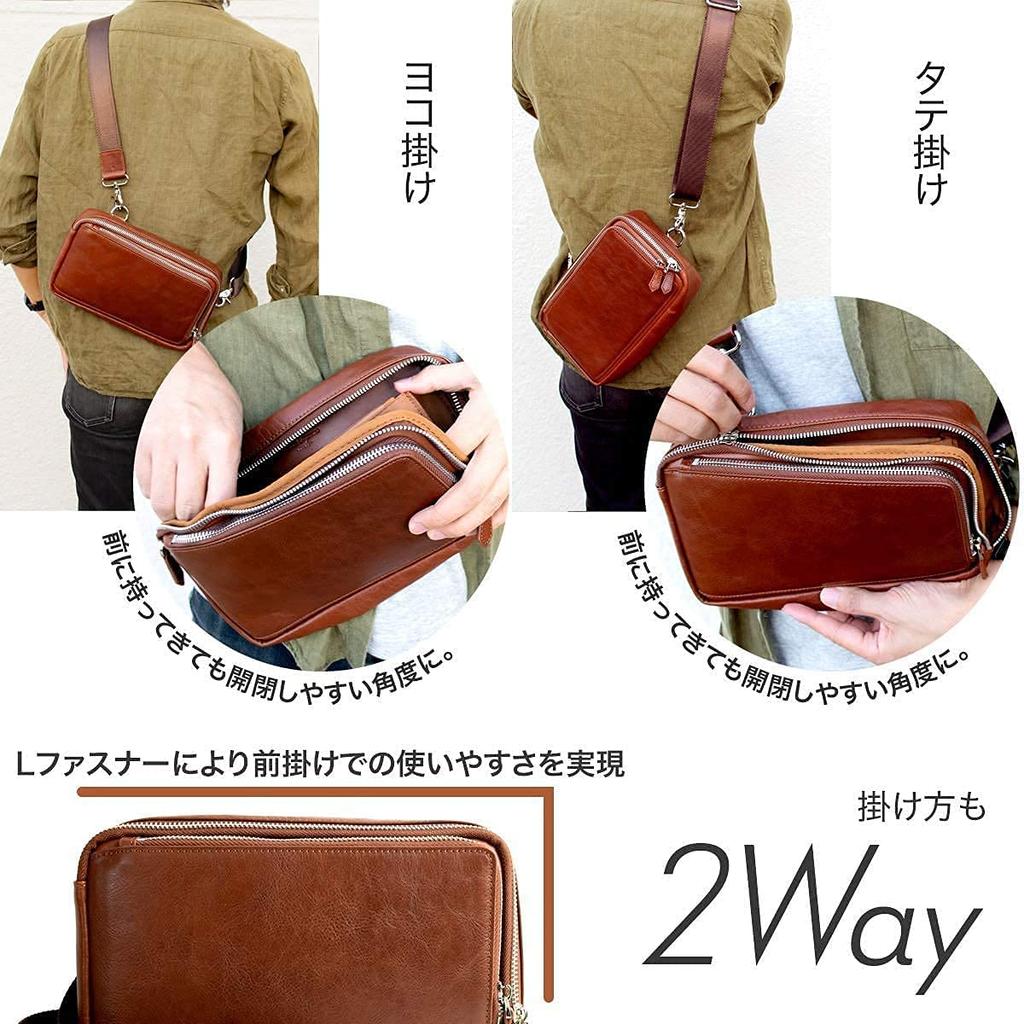 Body Bag Genuine Leather Italian Leather Compact 2WAY Vertical Horizontal Apron Clutch Bag Shoulder Bag Crossbody Bag Black [Dom Teporna] Men's