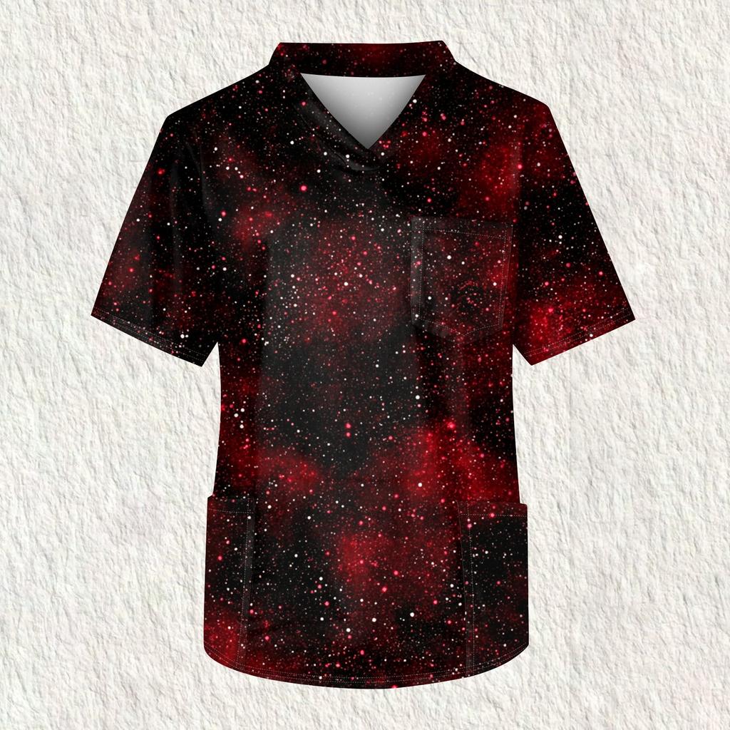 Мужская рабочая блузка с короткими рукавами и v-образным вырезом с принтом, топ с нагрудным карманом