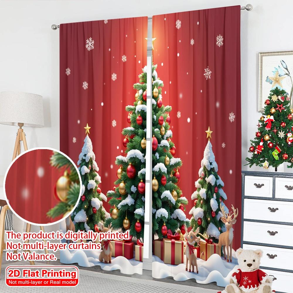2pcs 2D Flat Printing Christmas Curtains Christmas Tree Ornaments Snowflakes Fabric Without Electricity Party & Holiday Decor