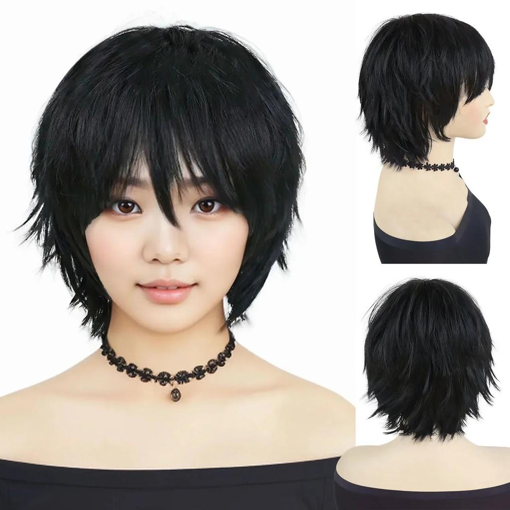 Короткие черные парики для женщин, синтетические волосы, парик для косплея с челкой, лохматые кудрявые прически, аниме, костюмная вечеринка, парик на Хэллоуин, натуральный