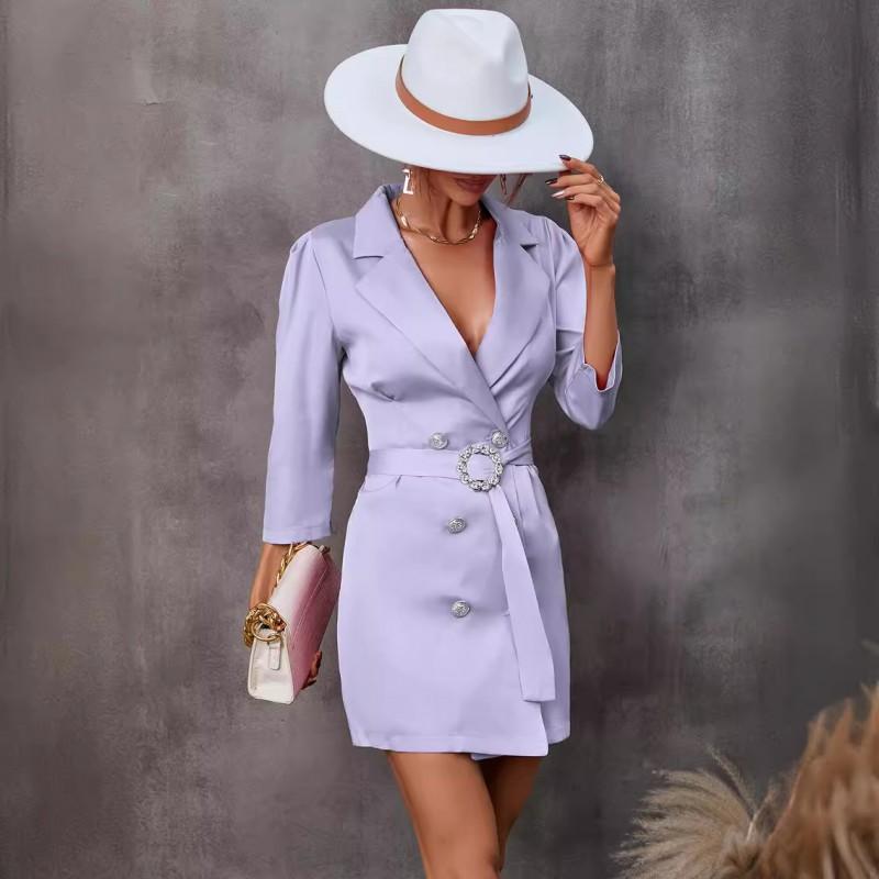 Womens 3/4 Sleeve Blazer Dress Solid Color V Neck Mid Waist Mini