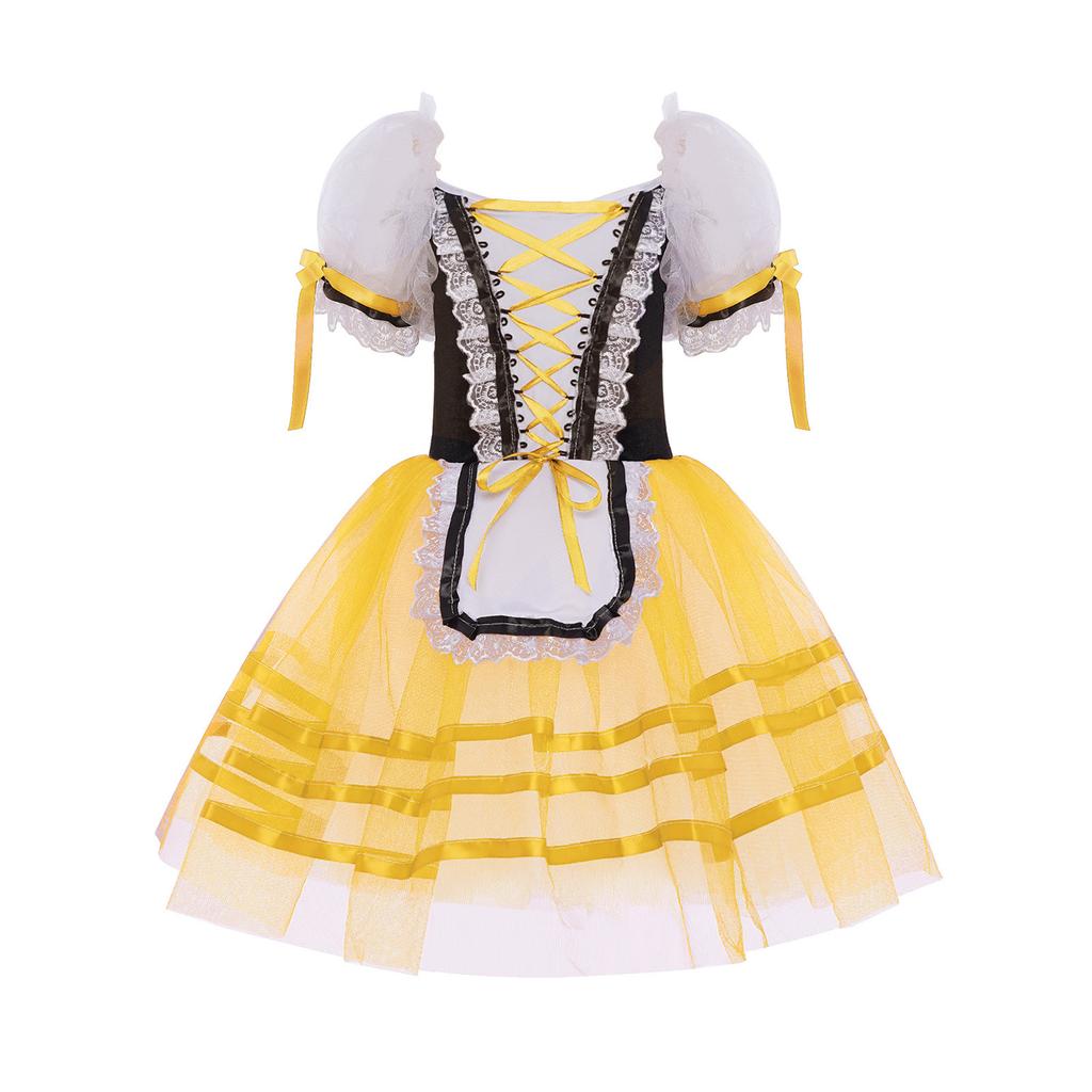 Girls Puff Sleeve Layered Tutu Dress Lace Trim Velvet Bodice Lace Up Back Ballet Costume