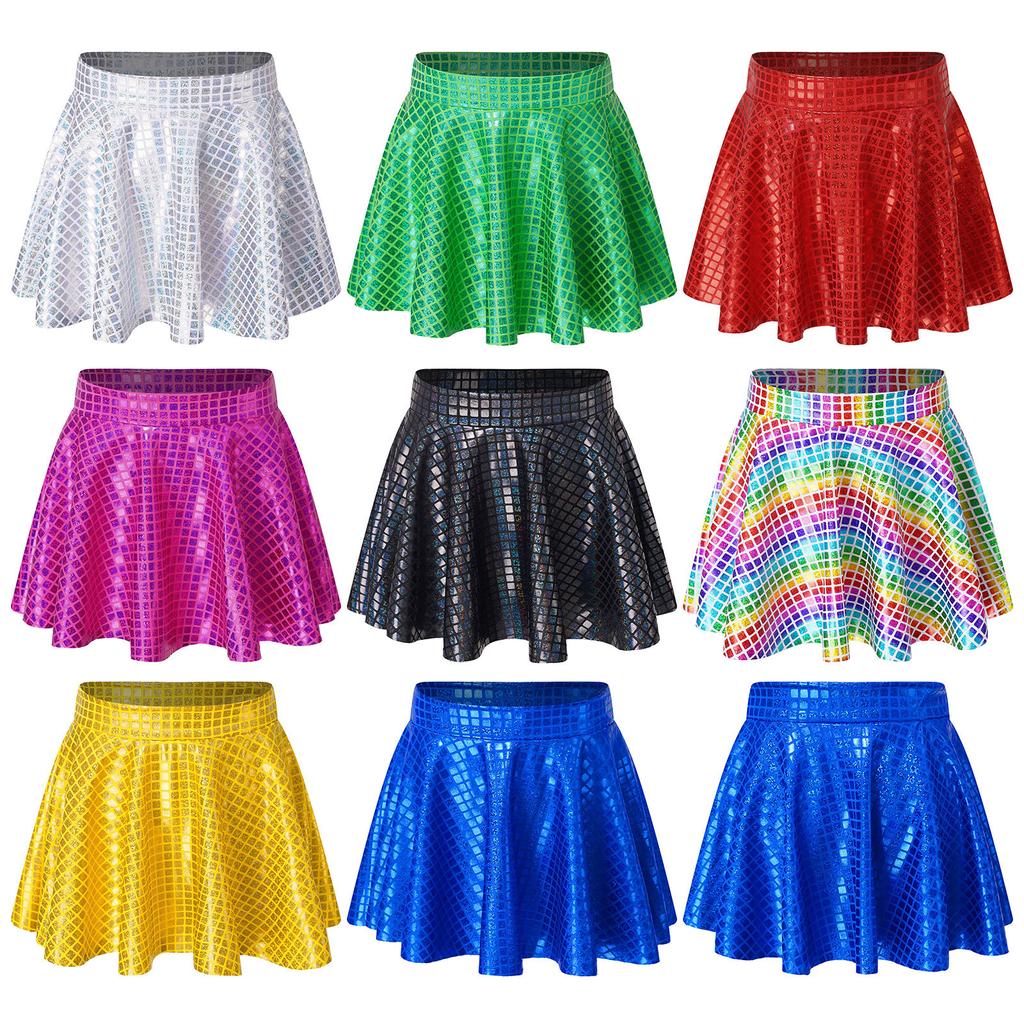 Girls Skirt Elastic Waistband Ruffled Shiny Plaid Sequins Clubwear Mini Skirts for Cheerleading Music Festival Rave Costume
