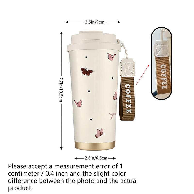 Coffee Mug 532ml Butterfly, Polka Dot & Bow Elements Lanyard Insulated Cup Leakproof Coffee Cup Beach Cup Car Cup Large Capacity Cup