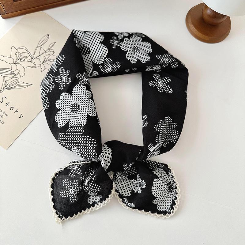 70% Cotton Linen Small Square Silk Scarf - Korean Style Floral Design for Versatile Neckwear and Decorative Use