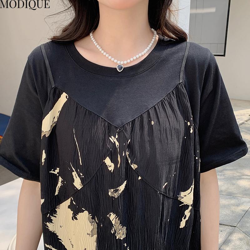 MODIQUE Summer Plus Size New Women Loose Elegant Pleated Floral Slip Mock Two-Piece Long Dress Female Short Sleeve O-Neck Dresses
