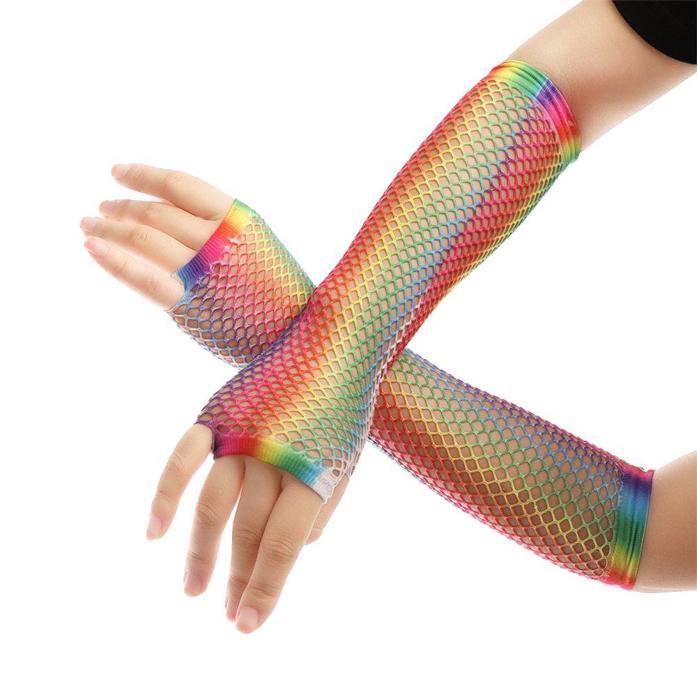 Costume Performance Wedding Party Fingerless Mesh Net Disco Dance Hollow Out Holes Gloves Rainbow