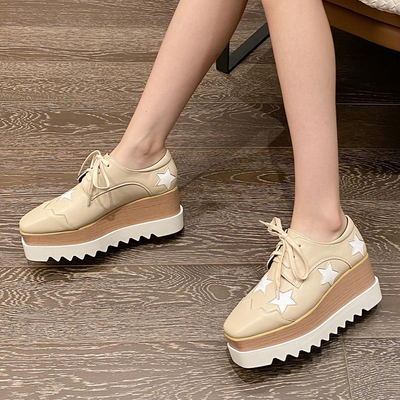 2025 Осенние Звездные Туфли-Маффины Женские Платформа Универсальные На шнуровке Квадратный Носок Клиновидный Каблук Одинарные Туфли HZB-763-3