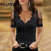 Off-the-shoulder Lace Cuff Studs Decorated Women's Summer Trend Short-sleeved T-shirt