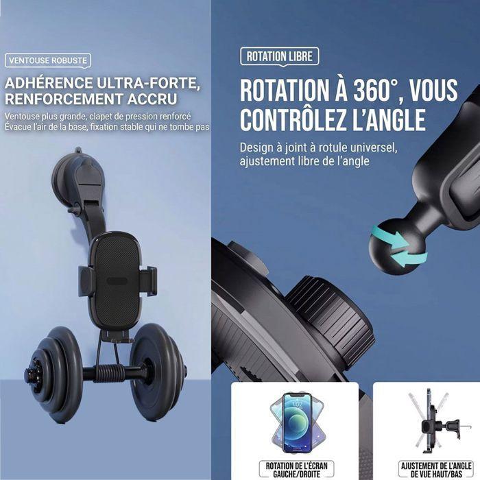 Support Téléphone Voiture avec Ventouse, Rotation 180° Réglable Stable - Noir