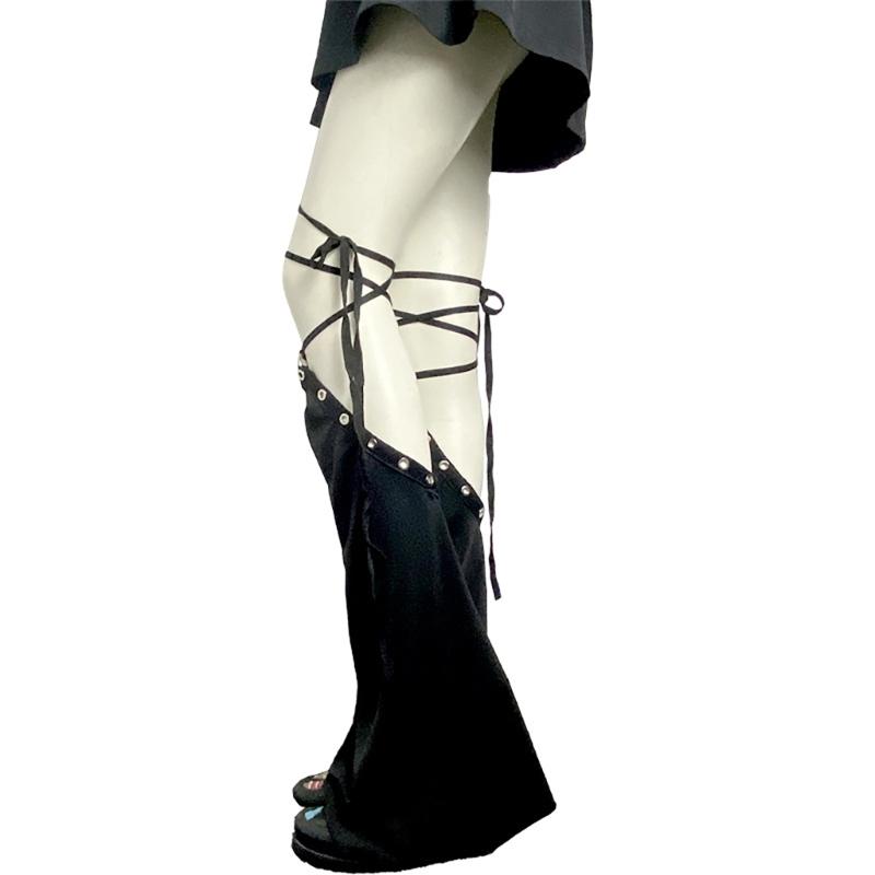 Women Punk Lace Up Straps Flared Leg Warmers Japanese Harajuku Eyelets Knee Length Foot Cover Long Tube Socks Streetwear