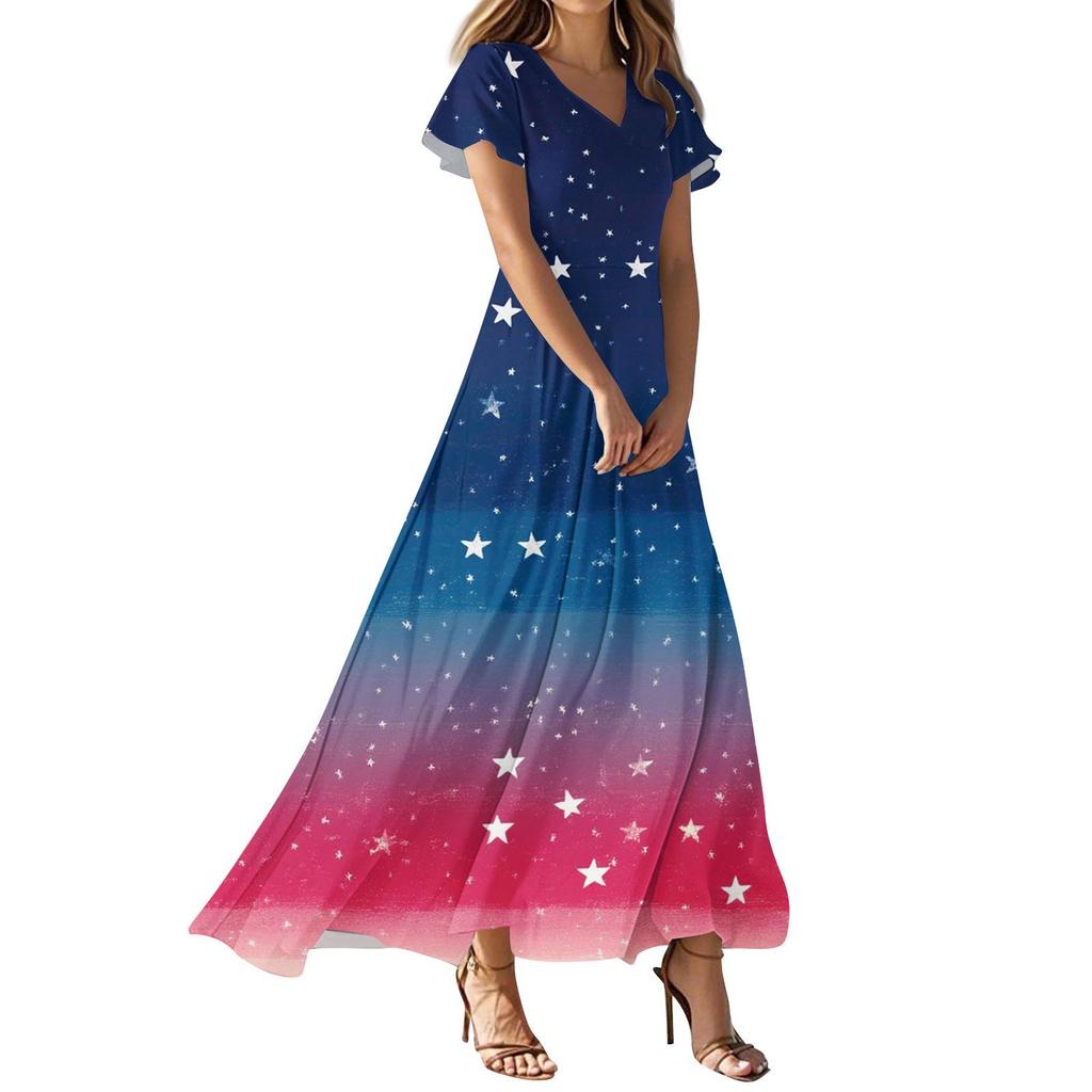 Женские повседневные модные платья с принтом ко Дню независимости, платья с коротким рукавом и V-образным вырезом