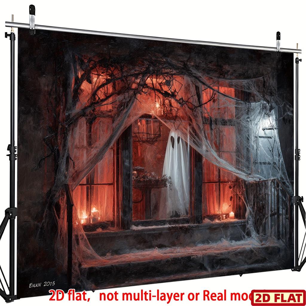 2D flat design, 1 piece of realistic blood-spattered spider web window background banner, including peel-and-stick stickers