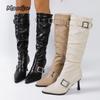 Fashion Fashion Metal Buckle Decor Long Boots for Women Solid Color Pointed Toe Autumn Knee High Boots Sexy Thin High Heel Party Shoes
