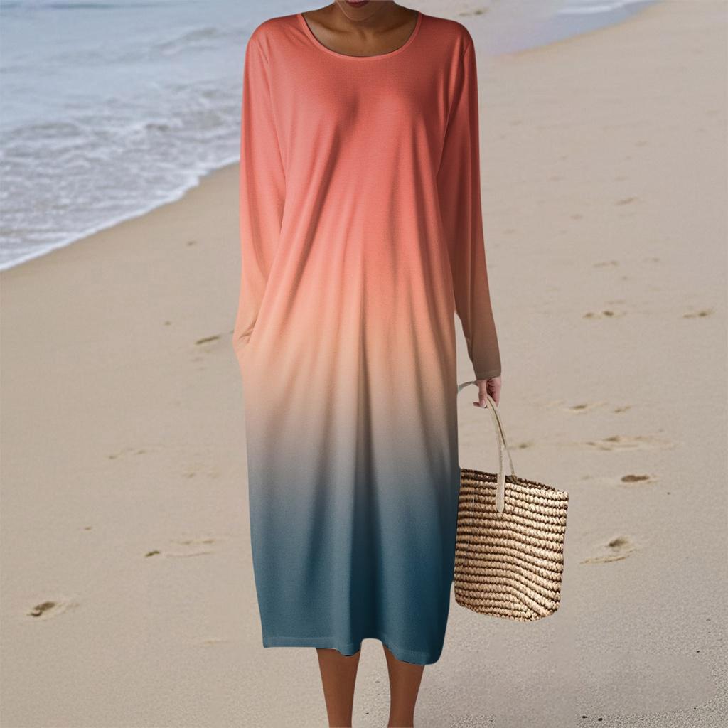 Женское модное повседневное платье с длинным рукавом, градиентное, с круглым вырезом, карманом, элегантного темперамента