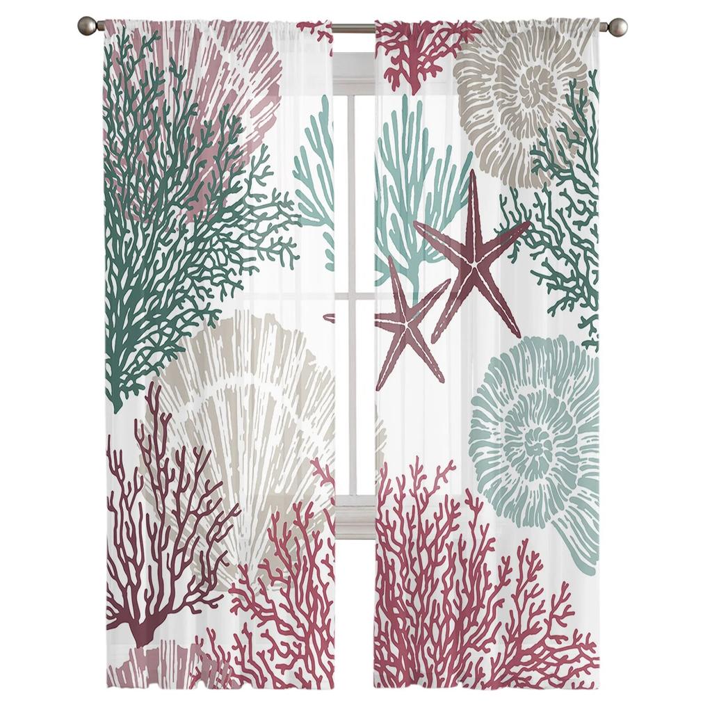 Океан коралловые ракушки морская звезда прозрачные шторы для гостиной кухни оконные шторы спальня тюль вуаль шторы